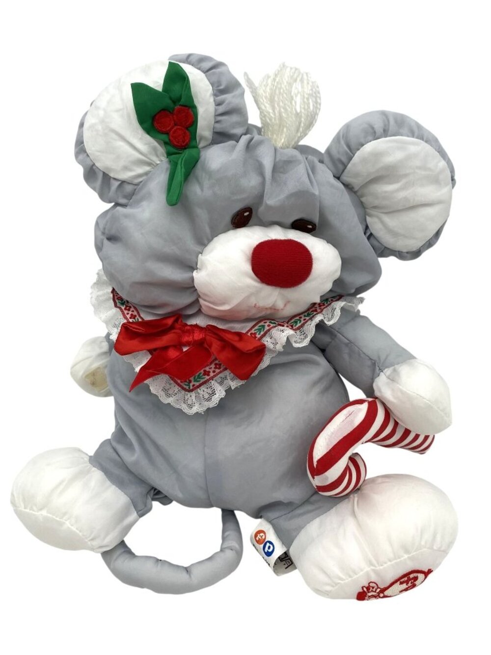 Vintage Fisher-Price Puffalumps Christmas Grey Mouse Plush Toy Candy Cane 1987
